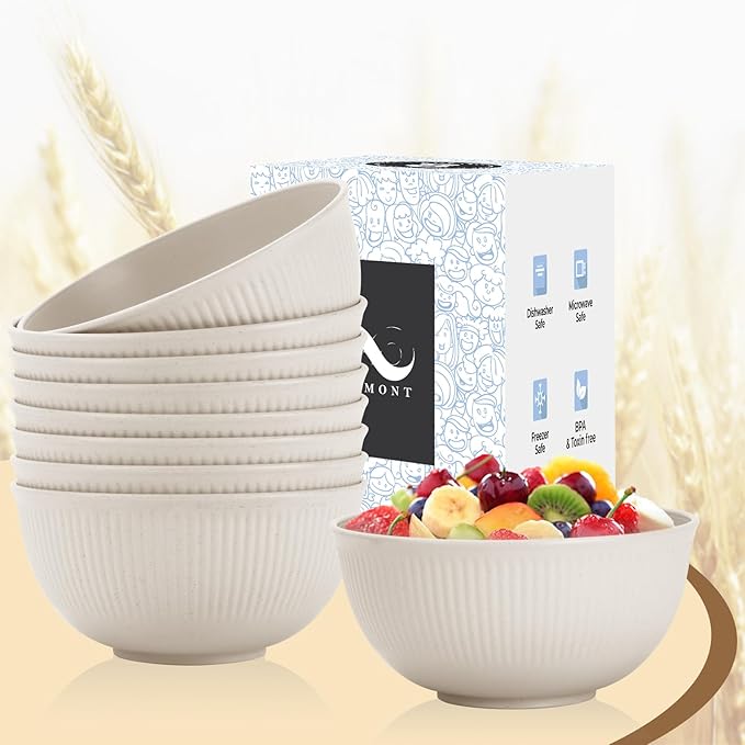 PYRMONT Unbreakable Cereal Bowl 26 OZ Wheat Straw Bowls Set of 8 Alternative Plastic Bowls Reusable Dishwasher & Microwave Safe Bowls for Kitchen Camping Bowls for Soup,Breakfast,Fruit-Beige
