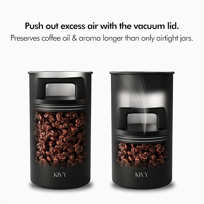 KIVY Vacuum Coffee Canister - Push Lid Preserves Coffee Aroma & Oil - Stainless Steel Airtight Coffee Canister - Removes Excess Air