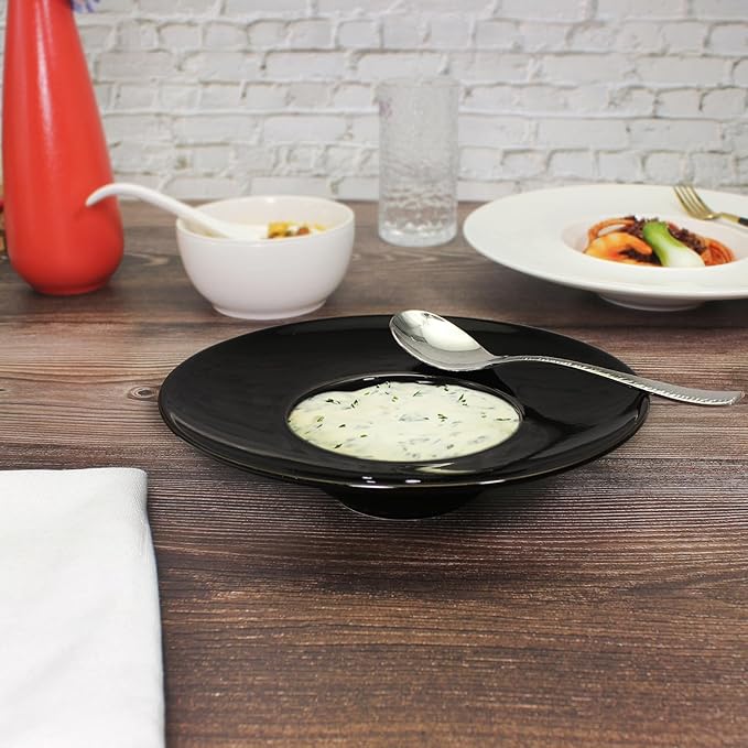 Ceramics Rimmed Soup Bowls 8.5 oz, Black 10.4 inch Exquisite small soup plate Set of 4, Pasta plates With Rim is the best choice for hotels, kitchens, fine restaurants and gourmets