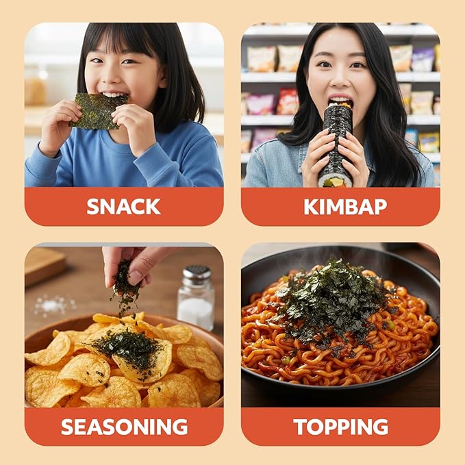 Kim’s Table Kimchi Korean Seaweed Snack, Kimchi Spicy Flavor Gluten Free Vegan Snack– Healthy Korean Food Seasoned Seaweed Sheets, Light & Crispy, Healthy Low Calorie 6 Convenient Packs (0.14oz Each) 김치 맛 한국 김