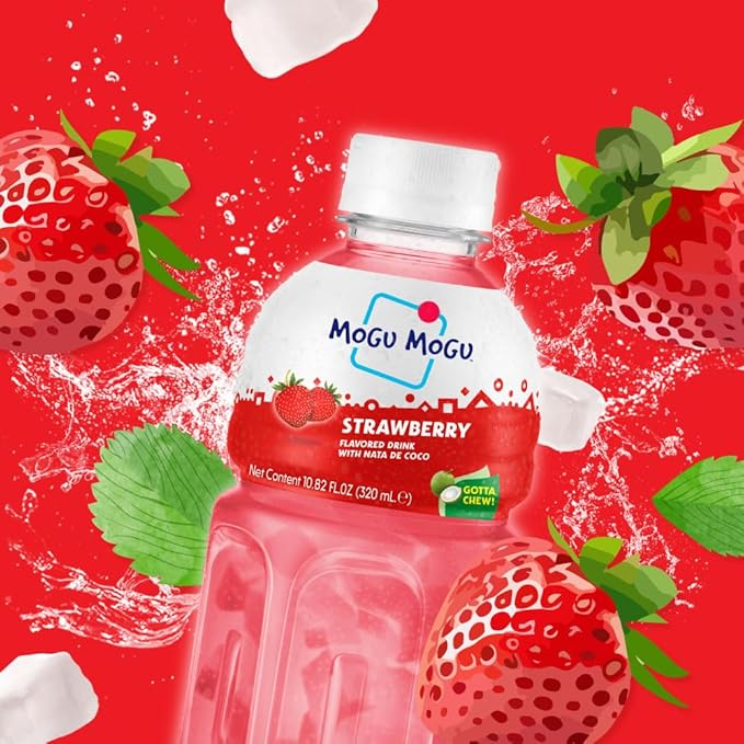 Mogu Mogu Strawberry Juice Drink with Nata de Coco (Coconut Jelly) – Chewy Fruit Beverage for Kids & Adults, 6 Pack Bottles, 10.82 fl oz Each