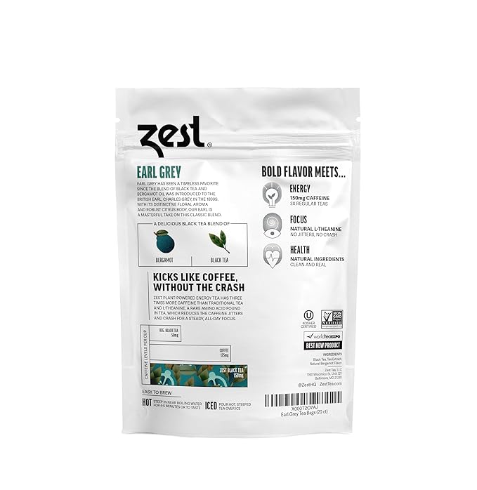Zest Energy Black Tea - Earl Grey Loose Leaf Blend - High Caffeine Bergamot - Caffeinated Coffee Altnernative/Substitute - Natural, Non-GMO & Keto Friendly - Hot or Iced - 50 Servings - 150mg Caf