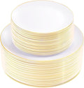 KIRE 100PCS Disposable Plates - White with Gold Rim Plastic Plates - Includes 50Pieces 10.25inch Dinner and 50Pieces 7.5inch Dessert/Salad Plate for Wedding/Spring Party/Graduation