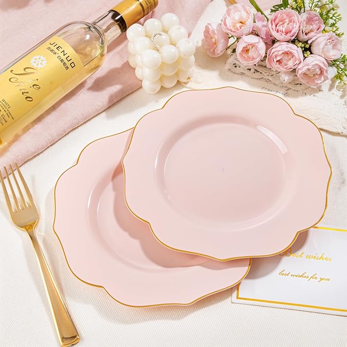 bUCLA 48Pieces Pink Plastic Dessert Plates - 7.5inch Premium Hard Pink with Gold Rim Small Cake/Salad/Appetizer Plates Disposable for Wedding, Party, Shower & Easter