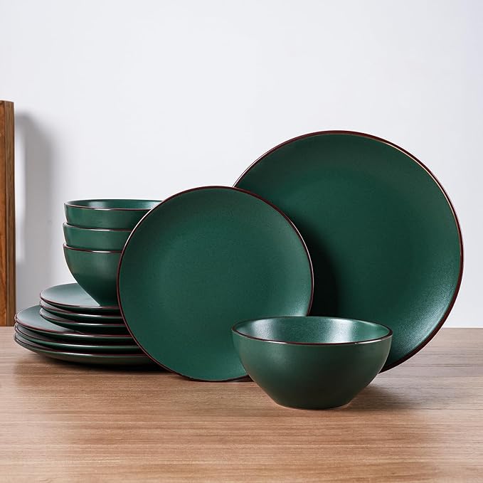 Famiware Venus Plates and Bowls Sets with Trim, 12 Pieces Speckled Stoneware Dishes Dinnerware Set for 4, Matte Dark Green - Microwave & Dishwasher Safe, Modern Minimalist, Everyday & Formal Dining