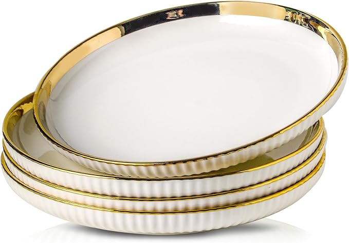 LETAOTAO Salad Plates Set of 4, 8in Ceramic Dinner Plates for Appetizer, Dessert, Porcelain Serving Plate with Gold Rim, Kitchen Porcelain Dish for Pasta, Pancakes, Steak