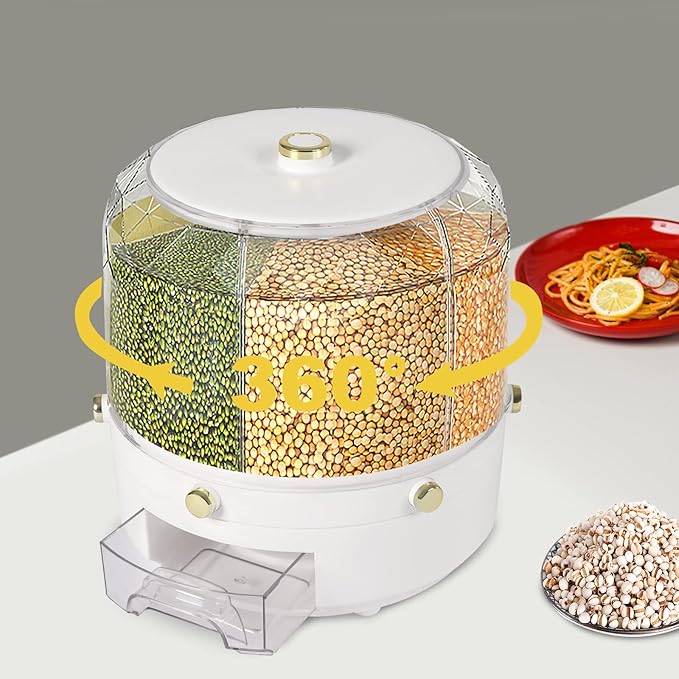 Rice Dispenser 6 Grids Dry Food Storage Containers 360° Rotating Cereal Dispenser for Kitchen Pantry Organization, Storage Bucket for Small Grains, Beans, Rice (6 Grids - A02)