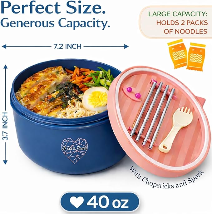 AI LOVE PEACE Ramen Bowl, 40 oz Microwaveable Noodle Cooker for Ramen, Pho, Soup, and Pasta, Dishwasher Safe and Portable, Ideal for Home, Office, Dorm, or Gift (Pink)