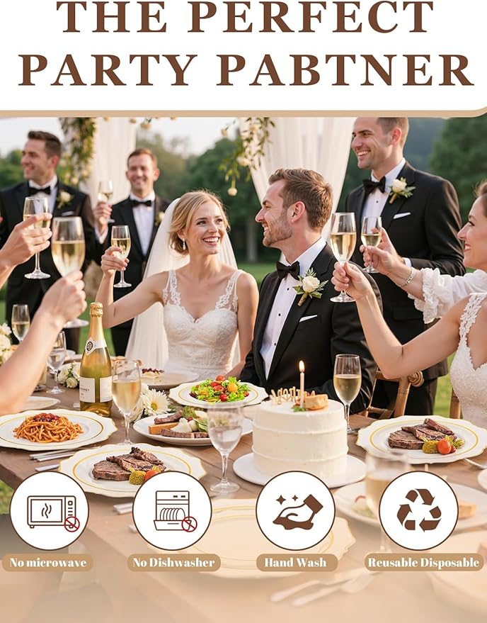 WDF 100PCS Ivory Plastic Plates with Gold Rim - Cream Plastic Plates - Include 50 Dinner & 50 Dessert Fancy Disposable Plate for Party - Heavy Duty Beige Plate for Baby Shower/Wedding