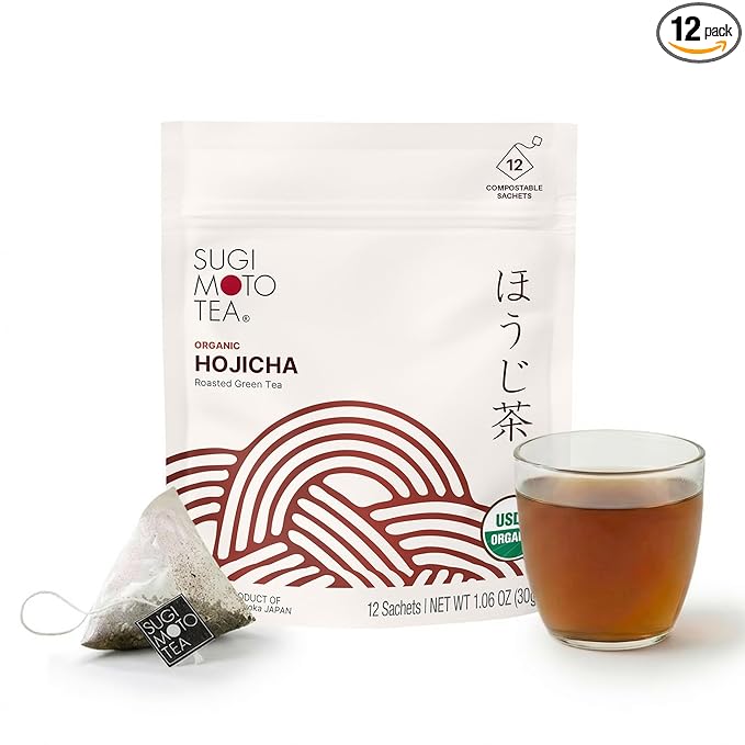 SUGIMOTO TEA Japanese Organic Hojicha Roasted Green Tea Bags 12 Count
