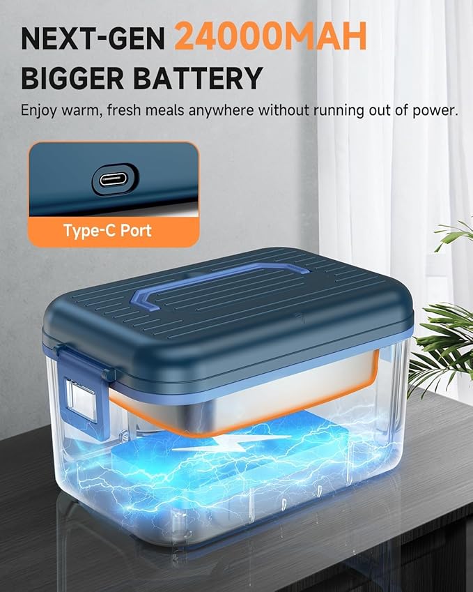 GEARGO 𝟐𝟎𝟐𝟔 𝐔𝐩𝐠𝐫𝐚𝐝𝐞𝐝 Cordless Electric Lunch Box, 6 Cups & 24000mAh Rechargeable Heated Lunch Box with Ice Crystal Box, 24 Hours Scheduled Self Heating Lunchbox For Men Women(Blue)