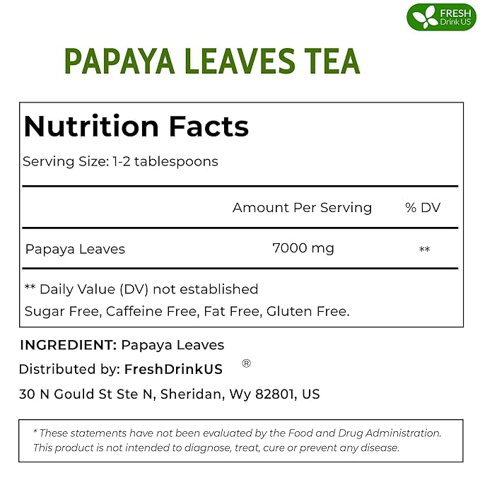 FreshDrinkUS, Premium 4oz Papaya Leaves For Tea, 100% Natural & Pure from Papaya Leaves. Loose Leaf Herbal Tea. Made with Natural Material Tea Bags. No Sugar, No Caffeine, No Gluten, Vegan.