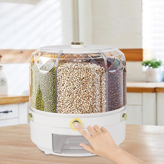 Grain Storage Container Dispenser, 6 Grids rice dispenser rotating, 360° rotating food dispenser One-Click Output rice Storage Round Grain Dispenser Kitchen (White Gold Plated 1.1kg)