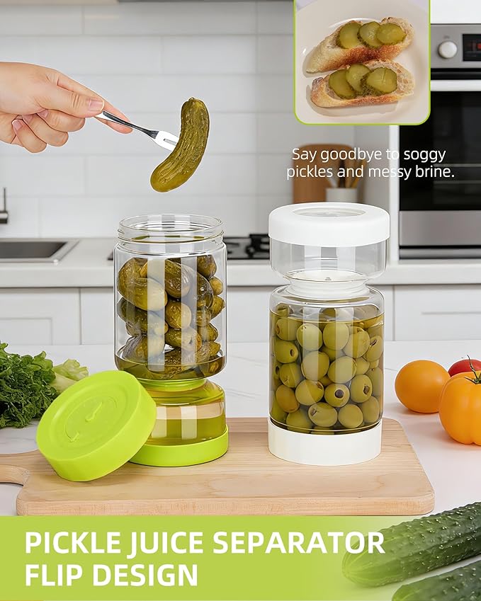 ZENS Pickle Jar with Strainer Flip, 37 oz Hourglass Pickle Juice Separator Container, Airtight Leakproof Lid, 2 Pack Pickling Jars for Olive, Jalapeno Container-Dual Wet-Dry Design