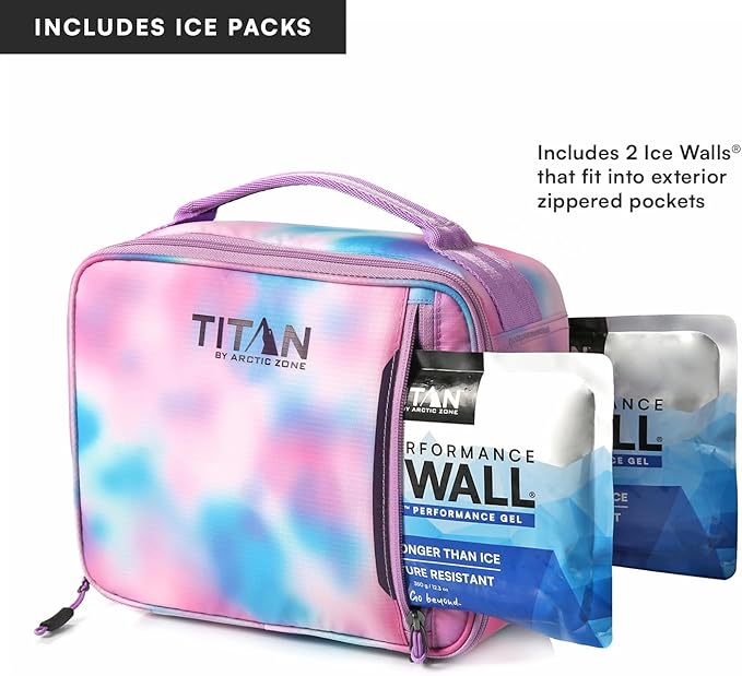 Titan by Arctic Zone Fridge Cold Lunch Box with 2 Gel Ice Packs, Small Insulated Cooler Bag with Leak Proof Lining for School and Work, Cotton Candy
