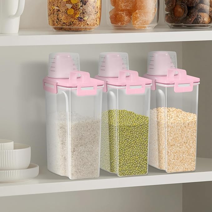 LEAWALK Airtight Rice Storage Container, 3 to 5Lbs Cereal Dry Food Flour and Sugar Bin, Pet Dog Cat Food Dispenser with Measuring Cup, BPA Free Clear Plastic Kitchen and Pantry Organization Bin-Pink