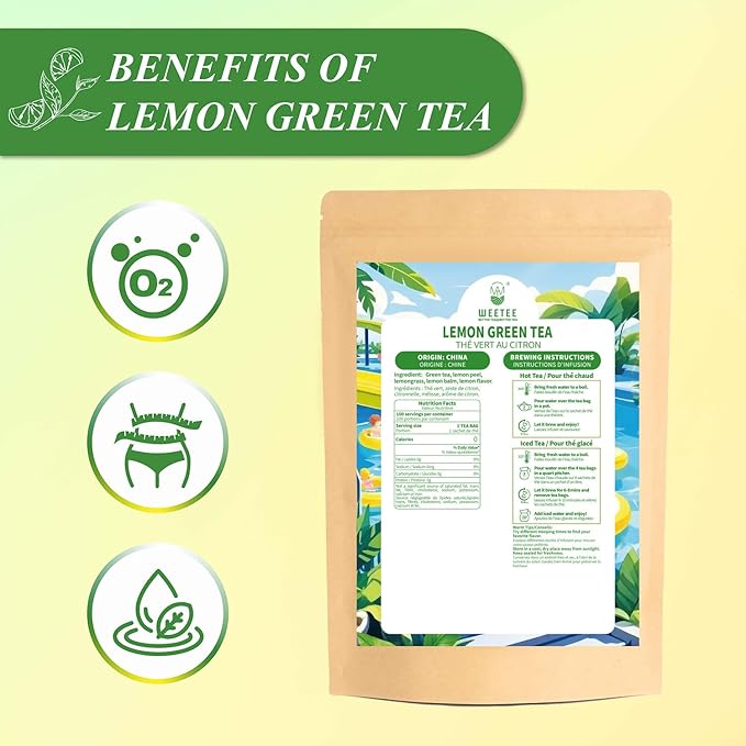 WT WEETEE Green Tea with Lemon, 100 Count Lemon Green Tea Bags, Flavored Green Leaves with Lemonpeel Lemongrass Lemonbalm