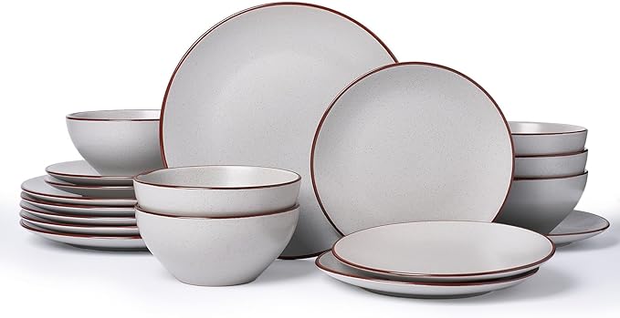Famiware Venus Plates and Bowls Sets with Trim, 18 Pieces Speckled Stoneware Dinnerware Set for 6, Matte Light Gray - Modern Minimalist, Microwave & Dishwasher Safe Dishes for Everyday & Formal Dining