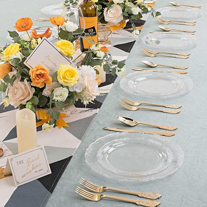 U-QE 100 Pieces Clear Plastic Plates - Clear Disposable Plates - Premium Hard Plastic Plates for Party, Holiday and Party Use Including 50 Dinner 10 '' & 50 Dessert Platos 7.5 ''