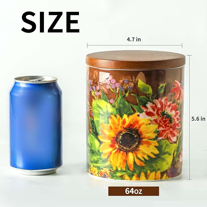 Oil painting Sunflower Food Storage Jar Strong Ceramic Storage Canisters with Airtight Seal Bamboo Lid Modern Design Seal Damp-Proof Kitchen Jar for Coffee, Tea,coffee