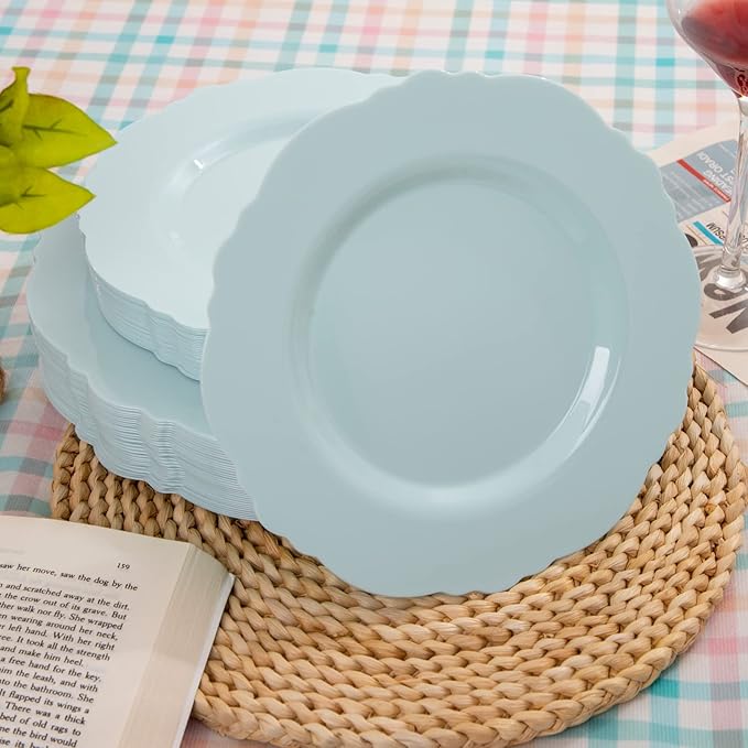 WDF 60pcs Mint Green Plastic Plates - Baroque Dinner Plates Including 30 Green Plates Disposable10.25inch, 30 Dessert Plates 7.5inch for Upscale Wedding/Party/Picnic/Spring