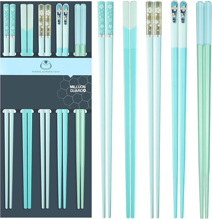 Chopsticks Reusable Dishwasher Safe, 9.57 inches Premium Non-slip Fiberglass Chop Sticks, Japanese Chinese Korean Chopstick for Party, Green, 5 Pairs
