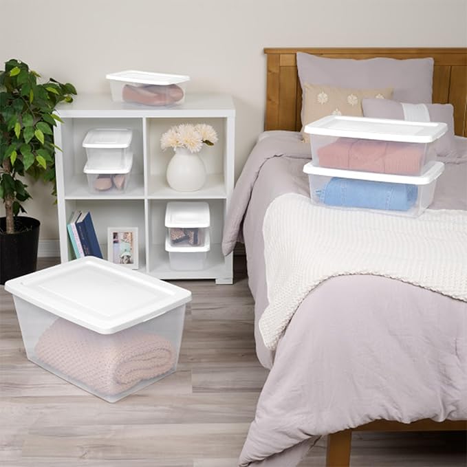 Sterilite 6-Pack Clear Storage Box, Stackable Container Bins with Lids, 58 Qt, White – Plastic Containers for Home, Closet, Bathroom, and Office Organization