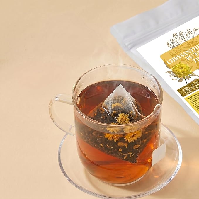 Chrysanthemum Pu-erh Tea Bags – 20 Pyramid Sachets | Floral Ripe Pu-erh Black Tea Blend, Individually Wrapped | Hot or Iced