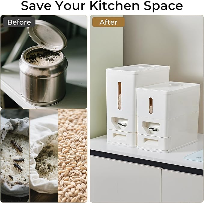 UFORU Rice Dispenser 22-25 Lbs (12kg), Rice Storage Container Sealed Moisture-Proof with Built-in Drawer, BPA-Free for Kitchen Pantry Household, Ideal for Rice, cereals, Beans, and Dry Food