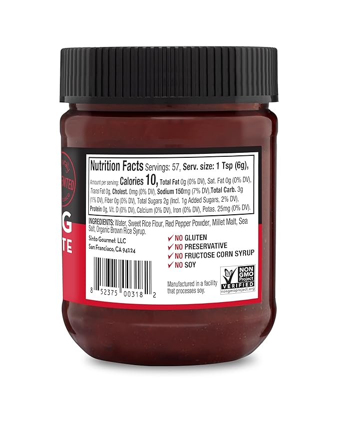 Sinto Gourmet Gochujang, Korean Red Hot Chili Paste, Sauce, Condiment, Gluten Free, No Added Sugar, Vegan, No Preservatives, non-GMO, No Soy, 10 oz :