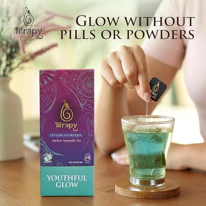 Térapy Ceylon Youthful Glow Tea Bags – Blue Butterfly Pea, Gotu Kola & Licorice Root Blend | Traditional Ayurvedic Herbal Tea Supporting Collagen for Skin & Hair Wellness | 18 Count
