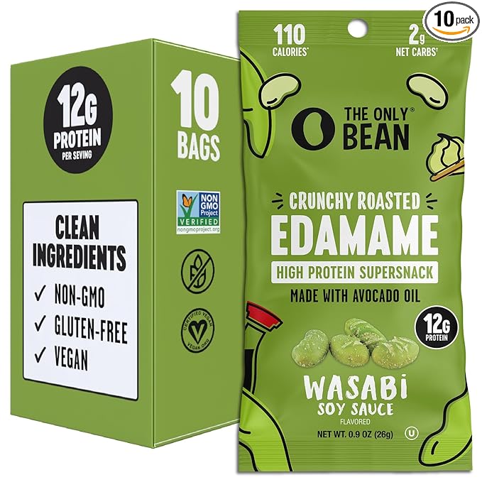 The Only Bean Crunchy Roasted Edamame Snacks (Wasabi Soy Sauce), Healthy High Protein Snacks, Low Carb, Keto Friendly, Gluten Free, Vegan, Lunch, Office, Adults and Kids, 0.9 Ounce (Pack of 10)
