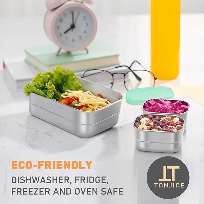 Tanjiae 3 CUP+1 CUP Stainless Steel Lunch Snack Containers Set | Leak Proof 304 Stainless Steel Food Containers with Silicone Lids - Perfect Metal Lunch Box for Home and Travel (25oz+8oz*2)