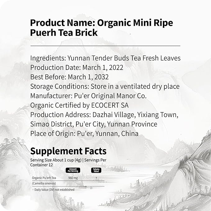 YUANSHENG Organic Pu-erh Tea, 12 Count Organic Puerh Mini Tea Cakes, Yunnan Pu-erh Fermented Leaf with Smooth and Sweet Flavor, Chinese Puerh tea Cake Individually Wrapped, 3.4 Oz