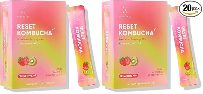 Everydaze Reset Kombucha Tea Powdered Beverage Mix | 10 Sticks | Prebiotics + Probiotics | Vegan | No Added Sugar, Gluten Free, Sparkling Powder Drink Pack (Strawberry Kiwi) (Pack of 2)