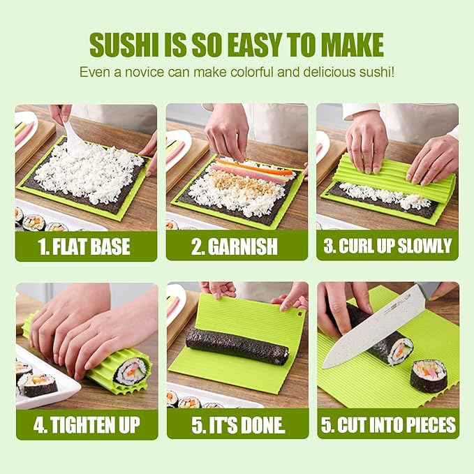 Premium Silicone Sushi Making Kit, 8.6x7.8 Inch Non-Slip Sushi Rolling Mat for Beginners & Kids, Food-Grade DIY Sushi Roller with Easy-Clean Design, Sushi Accessories for Home Kitchen