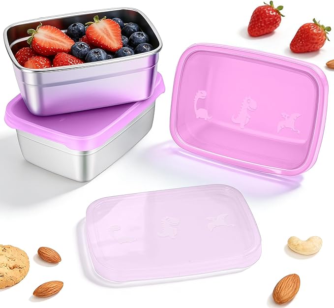 Tanjiae 3-Pack Stainless Steel Snack Containers for Kids & Toddlers - 550ml (18oz) Leakproof Colorful Lids with Cute Dinosaurs | LFGB Certified, Stackable Metal Lunch Box for Daycare, School, Travel