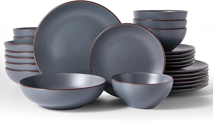 Famiware Venus Stoneware Dinnerware Sets with Pasta Bowls for 6, 24-Piece Speckled Plates and Bowls with Trim, Matte Charcoal - Chip‑Resistant Dishes for Everyday/Formal Use, Microwave/Dishwasher Safe