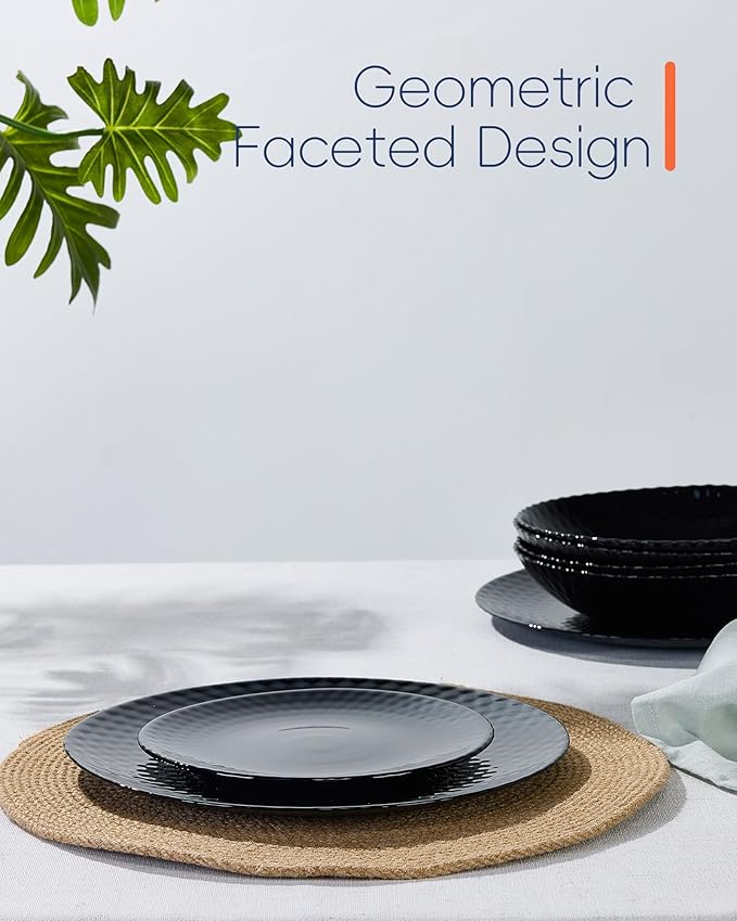 LaGlint 7.5 inch Appetizer Plate Set of 6, Opal Glass Round Geometric Faceted Small Black Plates for Salad Dessert, Kitchen, Dishwasher and Microwave Safe