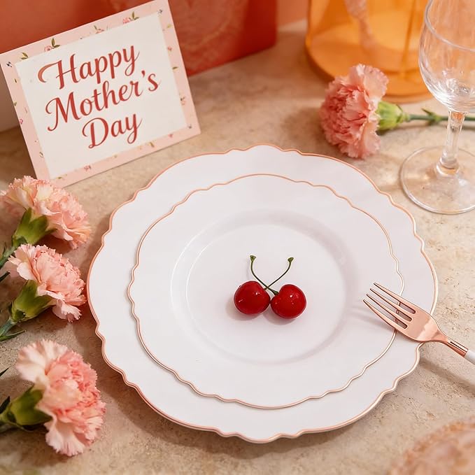WDF 60pcs Rose Gold Plastic Plates-Baroque White &Rose Gold Disposable Plates including 30Plastic Dinner Plates 10.25inch, 30 Salad Plates 7.5inch for Wedding/Party/Birthday/Mother's Day