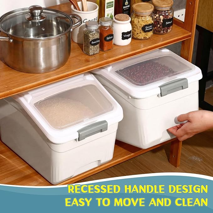 Blushtier 4 Pack Large Rice Storage Containers 30 Lbs Airtight Flour Container with Seal Locking Lid and Measuring Cup Kitchen Dry Food Storage Bins for Cereal Sugar Beans (Creamy White)