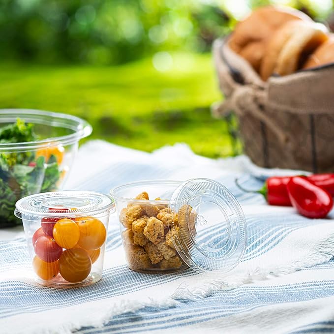 Zeml Portion Cups with Lids (5.5 Ounces, 100 Pack) | Disposable Plastic Cups for Meal Prep, Portion Control, Salad Dressing, & Medicine | Small Plastic Condiment Container