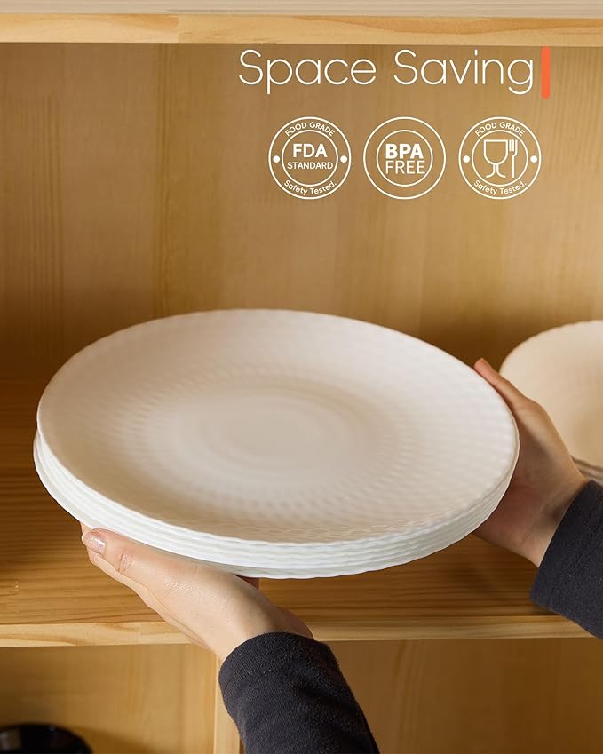 LaGlint 10.5 inch Dinner Plate Set of 6, Round Opal Glass Geometric Faceted White Dinnerware Plates, Dishwasher and Microwave Safe