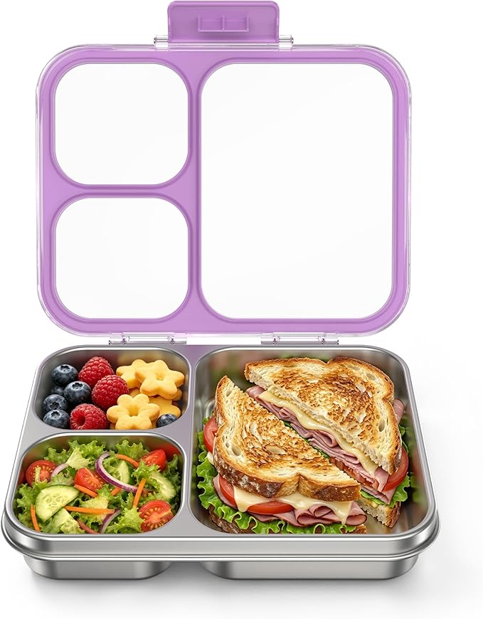 HOMEKOL Stainless Steel Bento Lunch Box, 3-Compartment Leak-Proof Metal Lunch Container for Kids & Adults, BPA-Free, Dishwasher Safe, Clear Tritan Lid, 4.2Cups/1000ml Purple (Not Insulated)