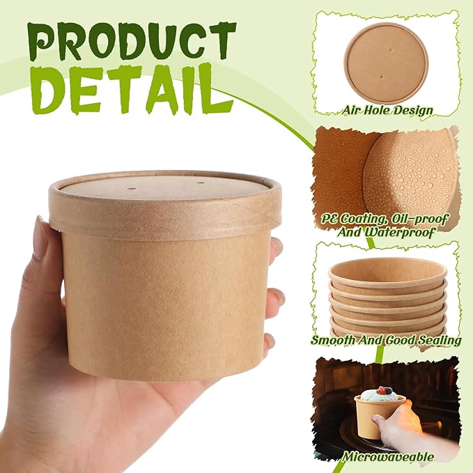 Fulmoon 100 Pack Paper Soup Containers with Lids Disposable Paper Food Containers with Vented Lid Kraft Ice Cream Cake Dessert Cups Soup Bowl for Party Hot Food Fruit Microwave(12 oz,Brown)