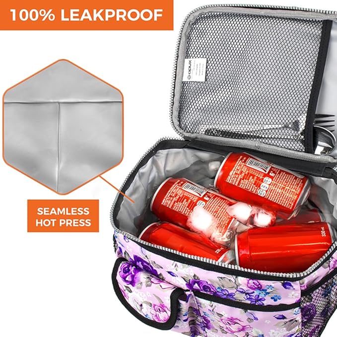 opux Insulated Lunch Box for Men Women Kids, Leakproof Reusable Lunch Bag Cooler for Work School Office, Soft Thermal Lunchbox Tote Shoulder Strap for Boys Girls Adults, Floral Purple, 14 Can/8L