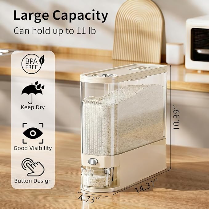 Rice Bucket, 11 lb. Multigrain Can, Visually Sealed Moisture-Proof Rice Storage Container with Measuring Cup, Large Bore Food Grade Grain Dispenser, BPA Free rice dispenser