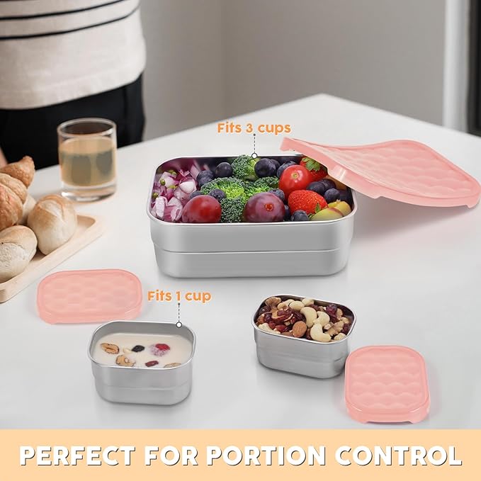 Tanjiae Small Stainless Steel Lunch Containers for Kids | Leak Proof Snack Containers with Silicone Lids - Perfect Metal Lunch Box with Lids for School and Daycare (25oz+8oz*2)
