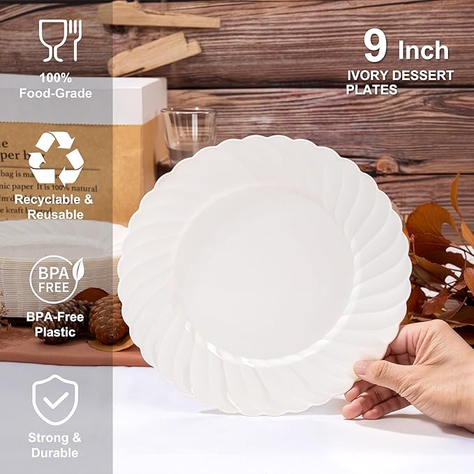 U-QE 100 Count 9 Inch Ivory Plastic Plates for Party - Scalloped Disposable Dinner Plates - Premium Hard Fancy Disposable Heavy Duty Party Supplies for Birthdays, Celebrations, Weddings and Events