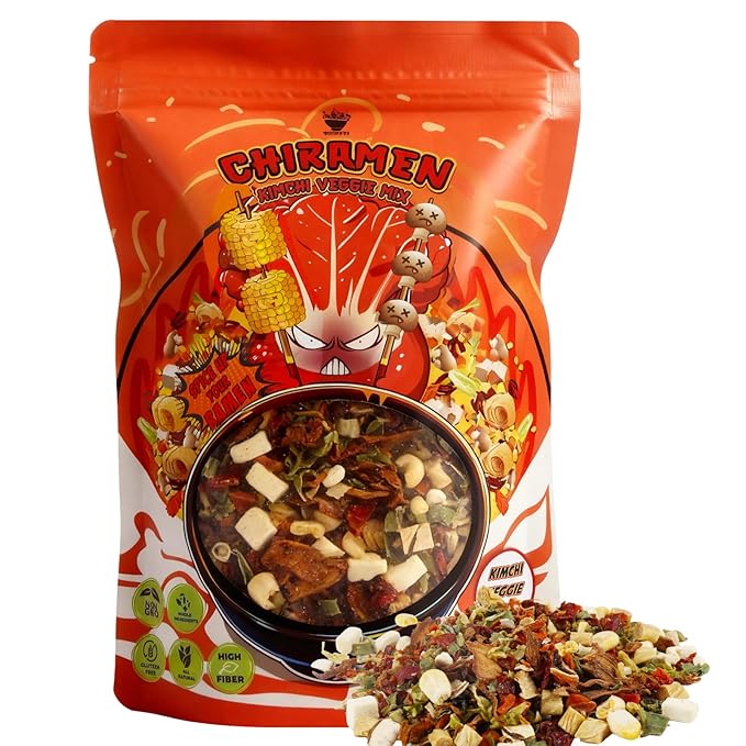 CHIRAMEN Kimchi Veggie Mix Dried Ramen Toppings, Kimchi, Mushrooms, Sweet Pepper, Tofu, Cabbage, Chives, Corn, Perfect for Cup Noodles and Dehydrated Vegetables Soup